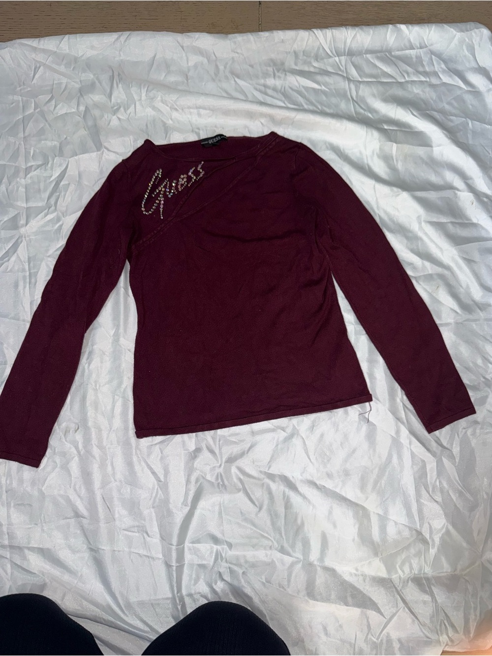 GUESS Long Sleeve Burgundy Rhinestone Logo Tee